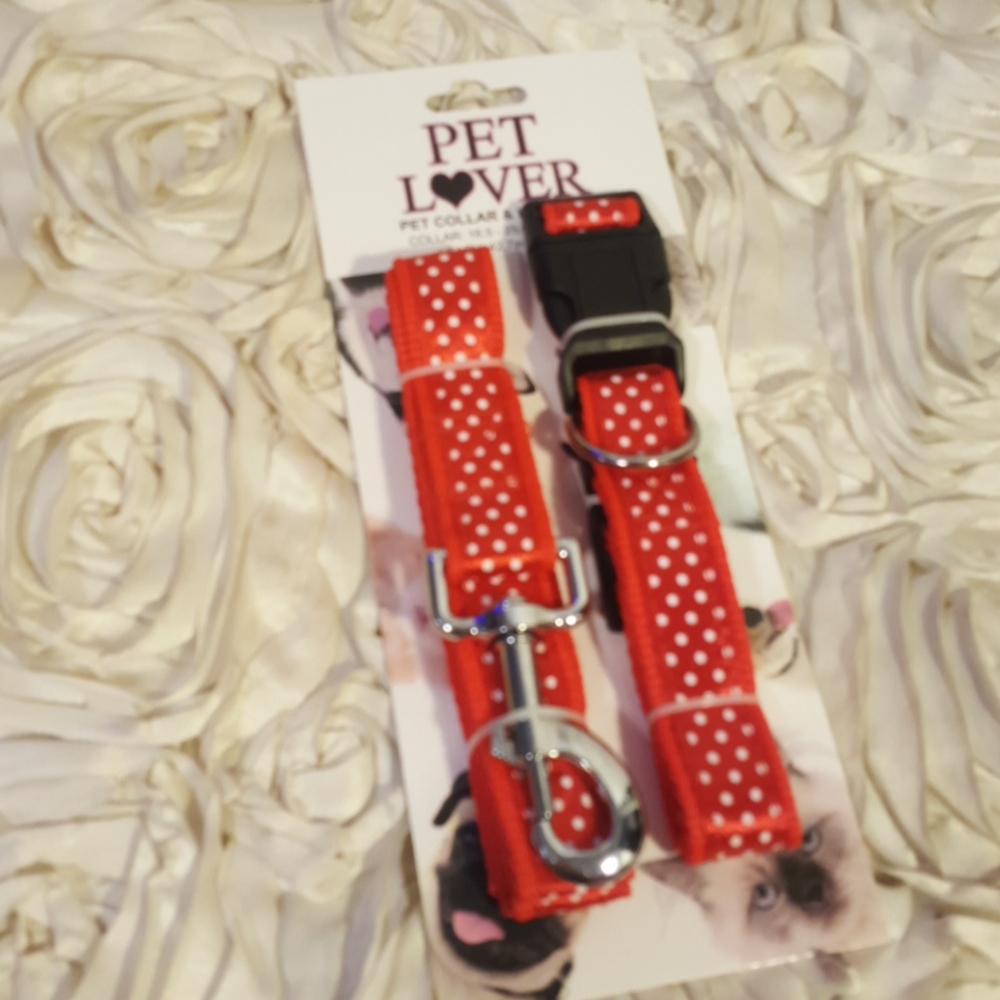 Dog Collar & Leash Set Red Polka Dot Adjustable Walking Set New